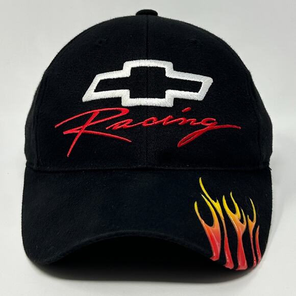 Vintage 90s Chevrolet Racing NASCAR Hat Baseball Cap Fire Chevy Black Strapback - Picture 1 of 9